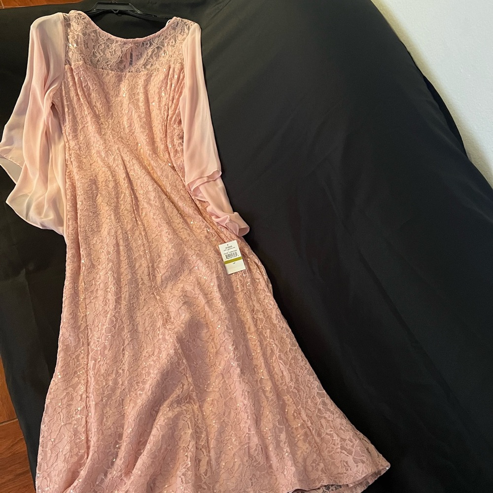 IGNITE EVENING FADED ROSE LONG ILLUSION NECK DRESS WITH SHEER SLEEVES.